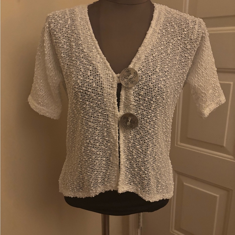 JM Collection White Open-Knit Short Sleeve Cardigan with Decorative Buttons